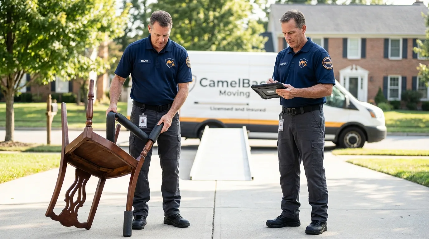 Movers inspecting furniture for damage prevention before loading in Linden, TN