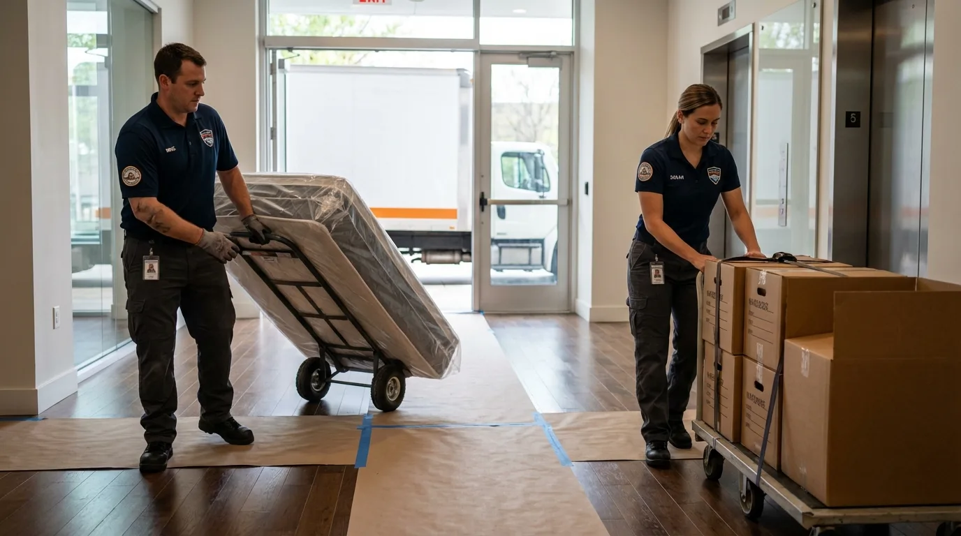 Professional apartment movers loading elevator in Linden, TN