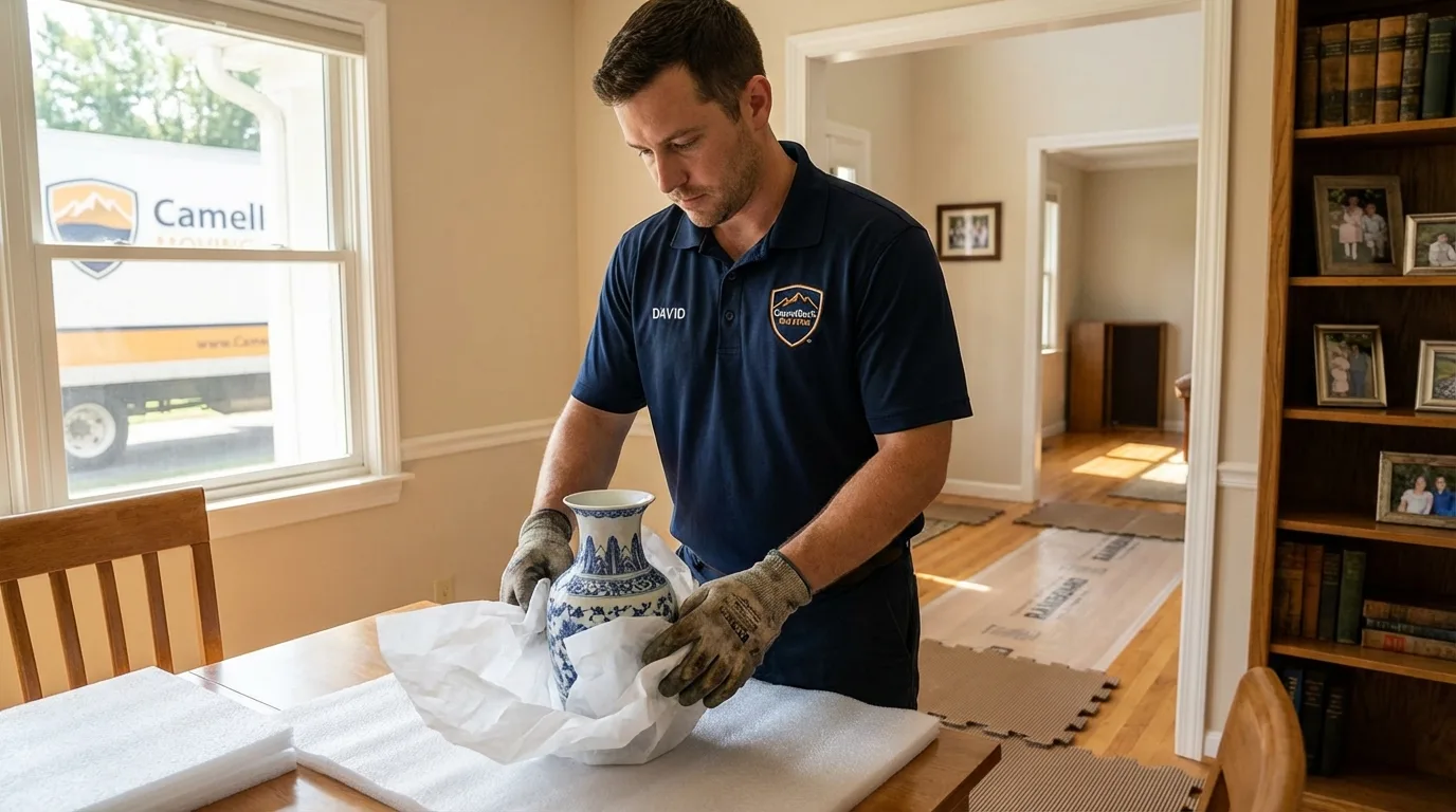 Professional crew carefully wrapping antique vase for senior downsizing move in Linden, TN