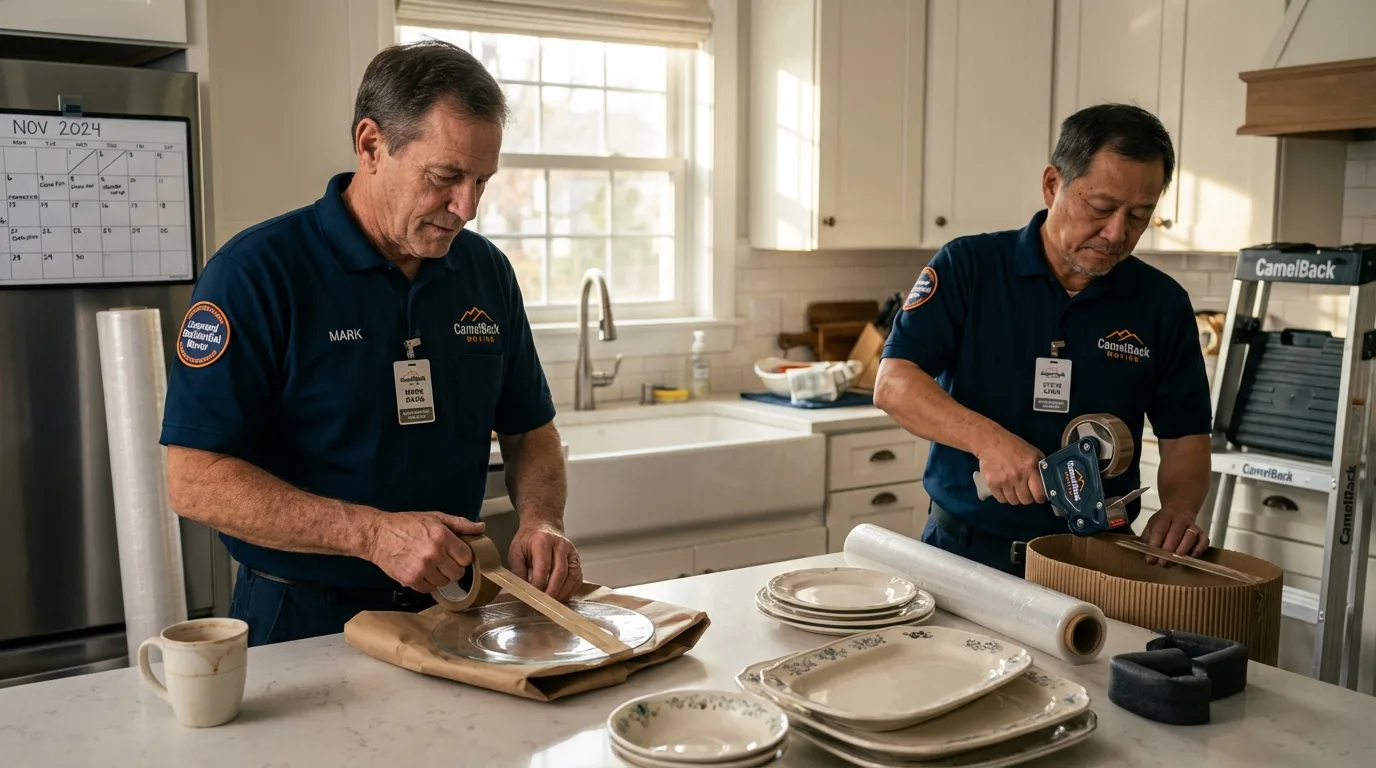 Professional crew packing kitchen dishware in Linden, TN