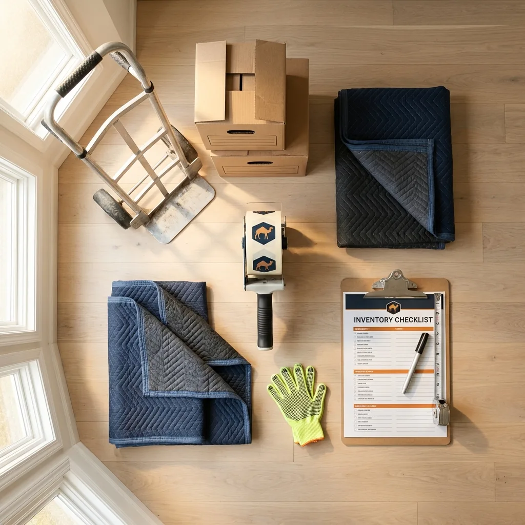 Professional moving supplies and packing materials layout for Linden residential relocations